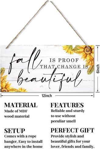 Fall Decoration, Hanging Wood Sign Home Decorative, Fall Home Decor Aesthetic, Sunflower Wall Decor Art, Farmhouse Decor, Thanksgiving Deocrations for Home, Fall is Proof Change is Beautiful in Kuwait