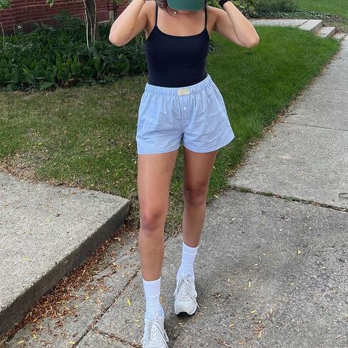 Y2k Plaid Shorts Baggy Boxer Shorts for Women Elastic Waist Casual Lounge Bottom Gingham Pajama Shorts Sleepwear in Saudi Arabia