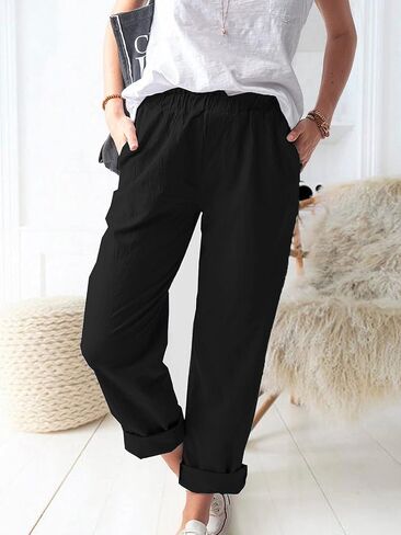 Women's Straight Pants Elastic Waist Casual Trousers Pants with Pockets in Saudi Arabia