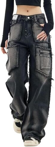 Baggy Cargo Pants for Women Girls Wide Leg Jeans Y2k Hip Hop Streetwear Low Rise Oversized Jeans Grunge Clothes Blue in Saudi Arabia