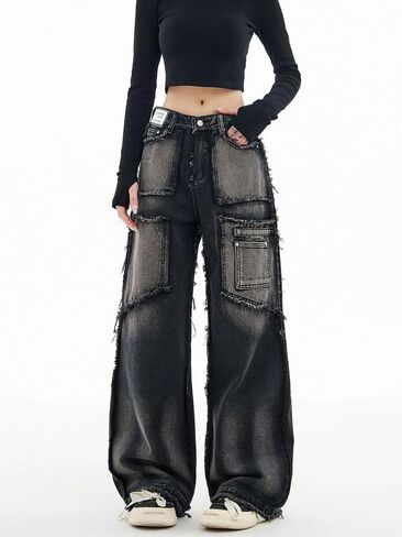 Baggy Cargo Pants for Women Girls Wide Leg Jeans Y2k Hip Hop Streetwear Low Rise Oversized Jeans Grunge Clothes Blue in Saudi Arabia