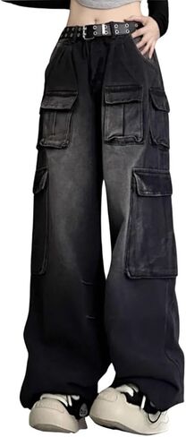 Baggy Cargo Pants for Women Girls Wide Leg Jeans Y2k Hip Hop Streetwear Low Rise Oversized Jeans Grunge Clothes Blue in Saudi Arabia