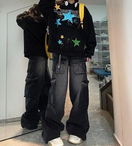 Baggy Cargo Pants for Women Girls Wide Leg Jeans Y2k Hip Hop Streetwear Low Rise Oversized Jeans Grunge Clothes Blue in Saudi Arabia