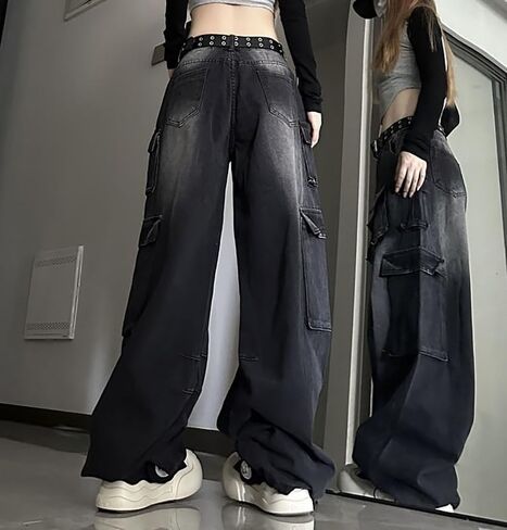 Baggy Cargo Pants for Women Girls Wide Leg Jeans Y2k Hip Hop Streetwear Low Rise Oversized Jeans Grunge Clothes Blue in Saudi Arabia