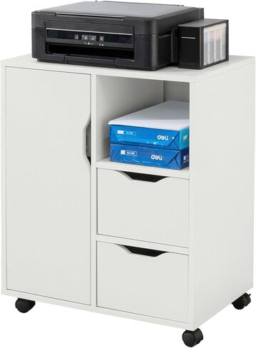 SoBuy Multi-Functional Storage Trolley Printer Table with Drawer and Door Office Trolley on Wheels Bedside Table Side Table for Bathroom Kitchen Office Balcony Living Room, White FBT105-W in Saudi Arabia