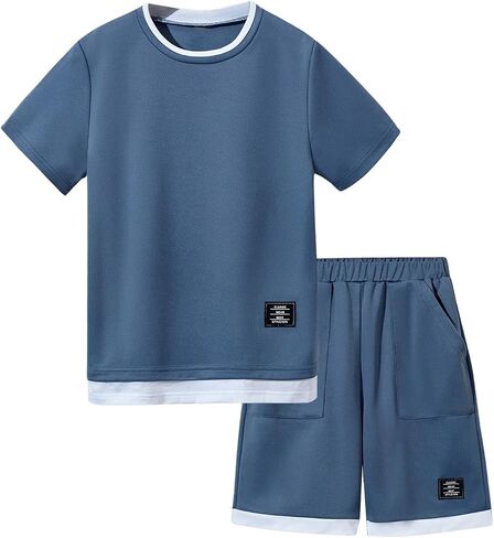 Boy's 2 Piece Summer Outfits Colorblock Letter Short Sleeve Tee Tops and Track Shorts Sets in Saudi Arabia