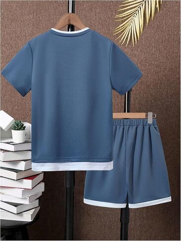 Boy's 2 Piece Summer Outfits Colorblock Letter Short Sleeve Tee Tops and Track Shorts Sets in Saudi Arabia