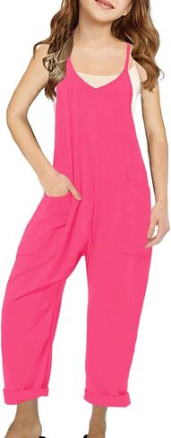 Girls' Casual Sleeveless Strap Loose JumpsuitsRomper Long Pants with Pockets in Saudi Arabia