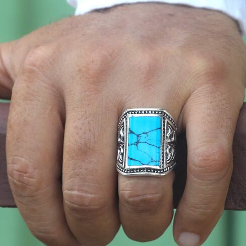 VY JEWELRY MALACHITE OR TURQUOISE - خاتم من الفضة الإسترليني عيار 925 مع أحجار كريمة للرجال - مقاس 8 إلى 14 in Kuwait