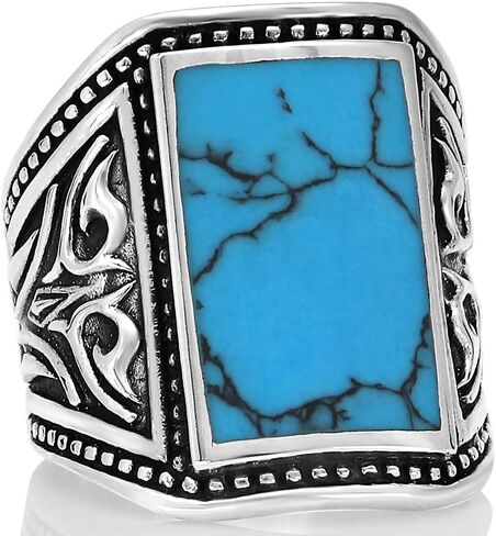 VY JEWELRY MALACHITE OR TURQUOISE - خاتم من الفضة الإسترليني عيار 925 مع أحجار كريمة للرجال - مقاس 8 إلى 14 in Kuwait