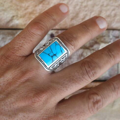 VY JEWELRY MALACHITE OR TURQUOISE - خاتم من الفضة الإسترليني عيار 925 مع أحجار كريمة للرجال - مقاس 8 إلى 14 in Kuwait