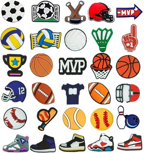 30 قطعة من الأحذية الساحرة الرياضية للأولاد، قباقيب التمساح، كرة السلة وكرة القدم اللينة والبيسبول ودبابيس أحذية كرة القدم وإكسسوارات تزيين هدايا الأطفال، زر 0.47 بوصة in Kuwait