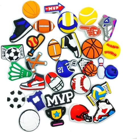 30 قطعة من الأحذية الساحرة الرياضية للأولاد، قباقيب التمساح، كرة السلة وكرة القدم اللينة والبيسبول ودبابيس أحذية كرة القدم وإكسسوارات تزيين هدايا الأطفال، زر 0.47 بوصة in Kuwait