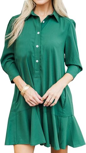 Women's Tunic Mini Shirt Dress Cotton Long Sleeve Ruffle Hem Dress Button Up Shift Chambray Dresses in Saudi Arabia