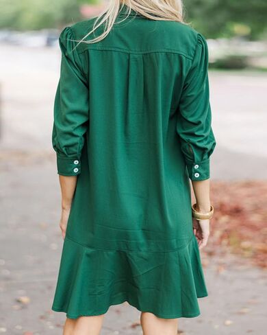 Women's Tunic Mini Shirt Dress Cotton Long Sleeve Ruffle Hem Dress Button Up Shift Chambray Dresses in Saudi Arabia