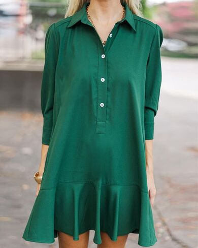 Women's Tunic Mini Shirt Dress Cotton Long Sleeve Ruffle Hem Dress Button Up Shift Chambray Dresses in Saudi Arabia