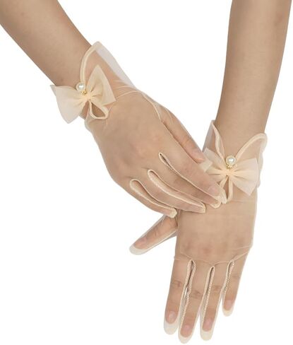 Women Bow Tulle Gloves with Pearls Short Mesh Tea Party Gloves Wedding Bridal Prom Formal Accessories in Saudi Arabia