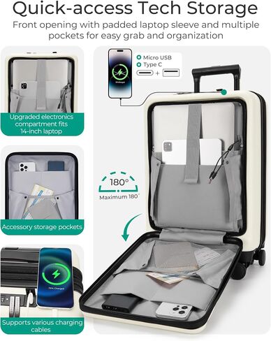 BAGSMART Expandable Carry On Luggage 22x14x9 Airline Approved, 20" Suitcases with Spinner Wheels,Charging Ports,TSA Lock, Hard Shell Front Opening Carry On Luggage for Men Women Travel Business,White in Saudi Arabia