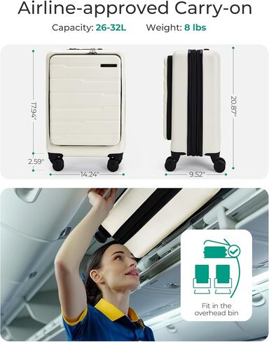 BAGSMART Expandable Carry On Luggage 22x14x9 Airline Approved, 20" Suitcases with Spinner Wheels,Charging Ports,TSA Lock, Hard Shell Front Opening Carry On Luggage for Men Women Travel Business,White in Saudi Arabia
