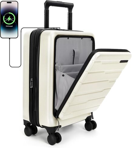 BAGSMART Expandable Carry On Luggage 22x14x9 Airline Approved, 20" Suitcases with Spinner Wheels,Charging Ports,TSA Lock, Hard Shell Front Opening Carry On Luggage for Men Women Travel Business,White in Saudi Arabia