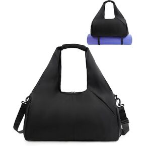 Gym Bag for Women with Shoe Compartment Yoga Mat Bag with Wet Pocket and Water Bottle Holder Weekender Bag with Shoulder Strap, Black