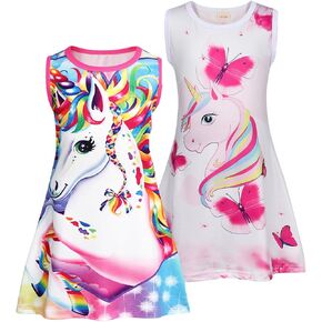 Jurebecia 2Pcs Girls Nightgowns Toddler Unicorn Nightdress Sleeveless Nightie Dress Pajamas Kids Sleep Shirts Sleepwear