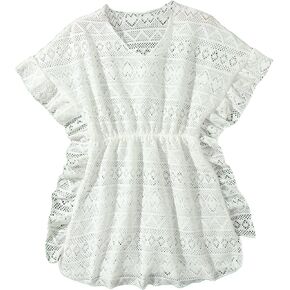 WDIRARA Toddler Girl's V Neck Ruffle Trim Short Sleeve Hollow Up Cover Up Swimwear