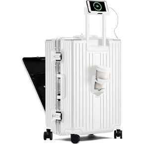 YUNASAY Aluminium Frame Carry on Luggage with Spinner Wheels and TSA Lock, PC Hardside Suitcase with Front Pocket, USB Port, Cup Holder& Phone Holder(White, 20 inch)