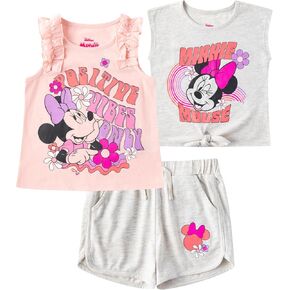 Disney Minnie Mouse Girls 3 Piece Short Sleeve T-Shirt, Tank Top, and Shorts Set for Toddler and Big Kids
