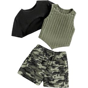 Milumia Girl's 3 Piece Outfits Tanks Crop Tee and Camo Print Shorts Sets