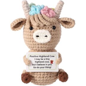 Knitted Highland Cow, Funny Cute Positive Cow Crochet Inspirational Knitted Doll with Positive Card Uplifting Knitted toy Gift for Friends Family Party Decoration
