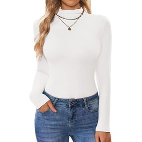 Ekouaer Turtleneck Shirt Women Long Sleeve Mock Neck Slim Fit Tops Thermal Base Layer Soft Lightweight Stretch Undershirts White