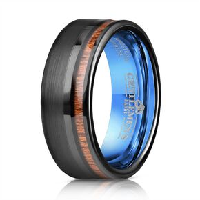 Men's Brushed Black Tungsten Carbide Wedding Band - Premium Grade Hawaiian Koa Wood Inlay Wedding Ring- Includes Silicon Band, Leather Drawstring Pouch, & Premium Finished Walnut Ring Box