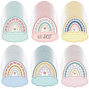 60 Pcs Name Tags for Classroom Desks Colorful Paper Rainbow Cut Outs Bulletin Board Locker Name Tags Labels for Classroom School Party Decorations (Rainbow 60)