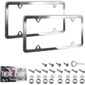 Stainless Steel License Plate Frames Silver Fit Standard US License Plate 4 Holes Rustproof License Plate Holders with Chrome Screw Caps, 2pcs