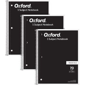 Oxford Primary Ruled Spiral Notebooks, Writing/Drawing Practice for Kids, Grades Pre-K, K-2, 70 Sheets, 8 x 10.5 Inches, Black, 3 Pack (1002542)