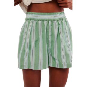 Y2k Striped Boxer Shorts Women High Waist Elastic Lounge Baggy Shorts Green White Striped Pajama Sleep Shorts