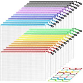 Mesh Zipper Pouch Bags-24pcs, A4 Zipper Bags for Organizing Storage, Waterproof Zipper Pouches with Labels, Letter Size File Bags for Office Supplies, School,Puzzles, Board Game Storage