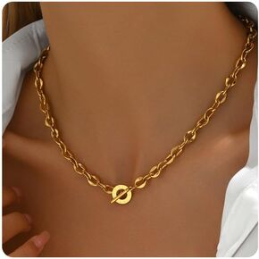 18K Gold Plated Chunky Chain Necklace for Women Thick Cuban Curb Chain Green Gemstone Pendant Toggle Necklace Dainty Layering Gold Chain Trendy Jewelry