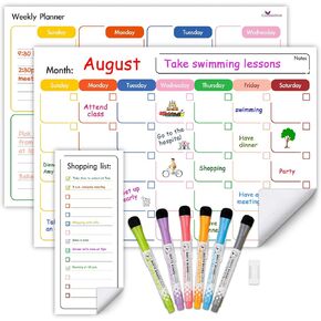 3-Piece Re-stickable Whiteboard Planner Set, Dry Erase Monthly Calendar, Weekly Planner, Shopping List, and 6 Colorful Markers with Erasers, Fridge or Wall Organizer and Scheduler for Home or Office
