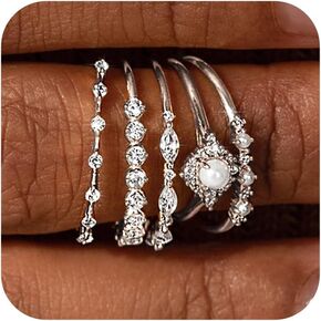 DEARMAY Stackable Silver Rings for Women Non Tarnish, Dainty Sterling Silver Diamond Pearl Rings Set Thumb Fashion Thin Cubic Zirconia Simple Unique Statement Ring Pack Women Jewlery 6/7/8/9/10
