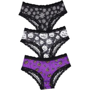 WDIRARA Women's 3 Pack Set Graphic Print Lace Trim Panties High Waist Underwear Briefs