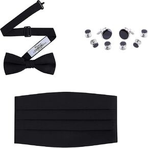 S.H. Churchill & Co. Black Bowtie, Cummerbund, Cufflinks & Studs Set – Classic Formal Accessories for Wedding, Prom, or Black-Tie Event