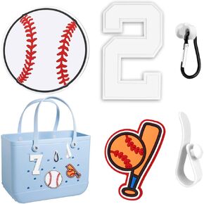 [5 PCS Number Charms Compatible with Bogg Bag Accessories (Digital, Baseball, Baseball Bat, Key Holder, Inserted Hooks), PVC Rubber Insert for Beach Tote Bag Decoration