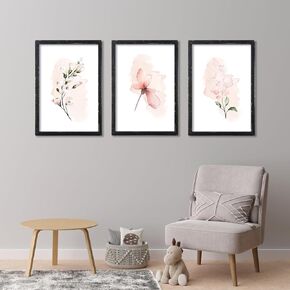 Set Of 3 Botanical Floral Wall Decor Art 16"X11" Rustic Pink Flowers Abstract Watercolour Wooden Framed Sign Bedroom Above Bed Modren Home Living Room Minimalist Aesthetic Wall Hang (Wood)