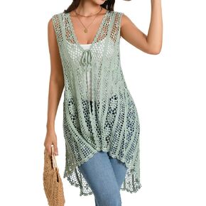 Women's Crochet Vest Lightweight Boho Hollow Lace Cover up Floral Sleeveless Cardigan