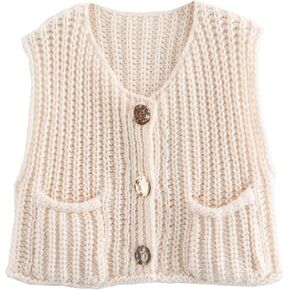 Women's Sleeveless Knit Cardigan Casual Button Down Cropped Knitted Sweater Vest with Pockets