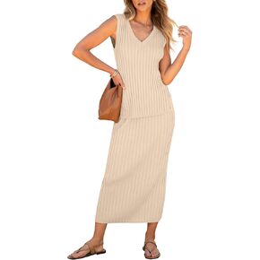 Women's 2 Piece Outfits Summer Sweater Skirt Sets Casual Sleeveless V Neck Ribbed Vest Knit Tops Midi Dress