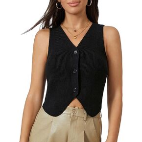 Womens Vintage Knittd Tank Y2k Vest Crop Top Sleeveless V-Neck Open Front Button Crochet Knit Vests Versatile Tops