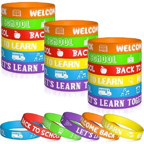 WATINC 48Pcs Back to School Silicone Bracelets, Colorful Happy Welcome Back to School Stretch Wristbands Rubber Bracelet Students Rewards for Party Favors Supplies Goodie Bag 6 Colors